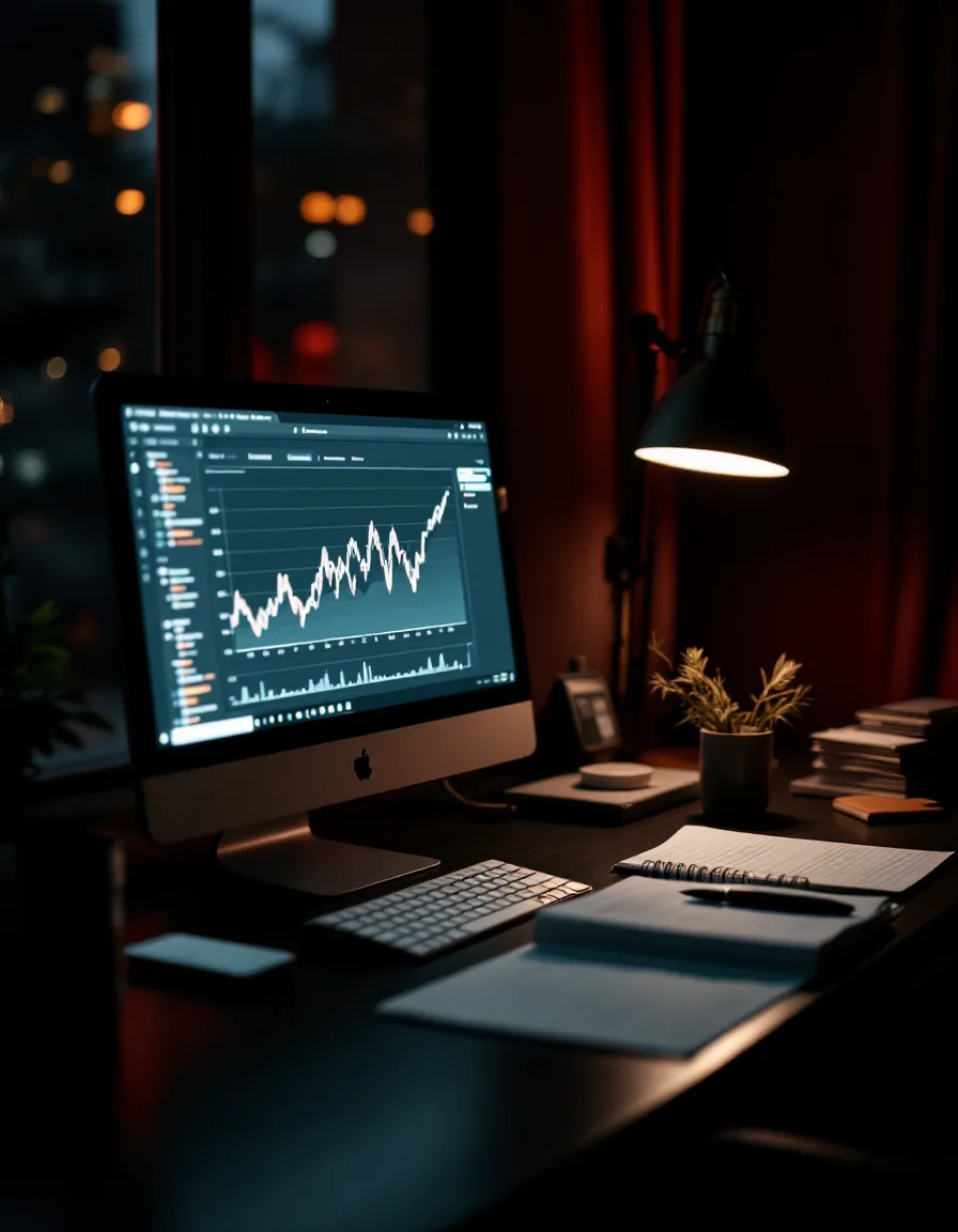 A single lit monitor showing a clean chart on an analyst's desk at dusk