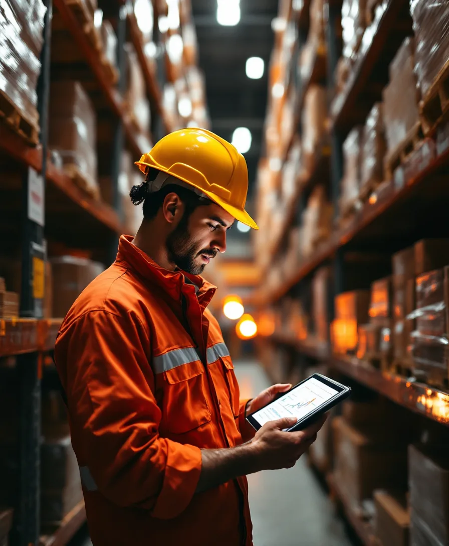 An operations manager reviewing figures in a warehouse